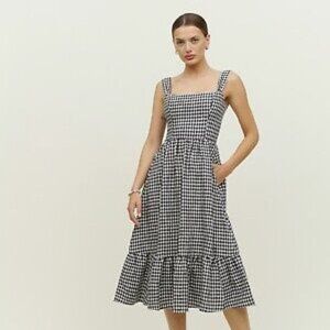 Reformation Linen Bucatini Dress in Black & White Gingham Print Size 4, NWT